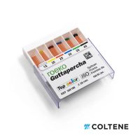 Imagem promocional 3+1 com caixa de cones ou pinos coloridos Gutta Percha Top Color Roeko da Coltene